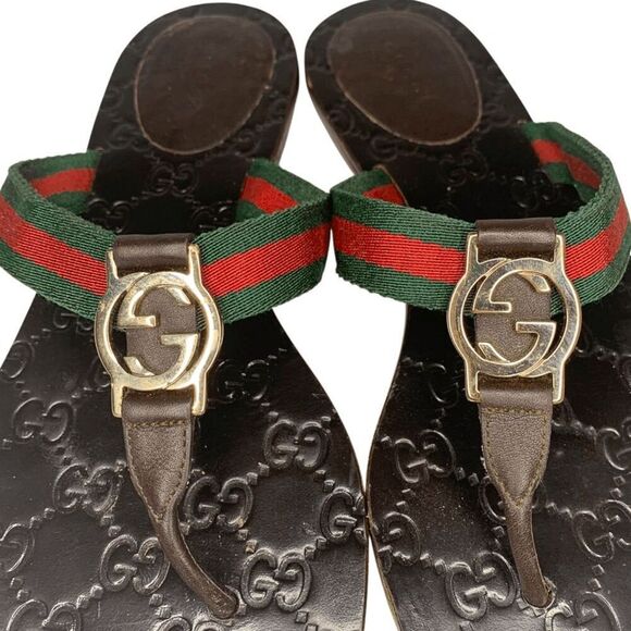 Gucci GG Web Stripe Thong Sandals EU 38.5 US 8.5 Brown Flip Flop Slide Flat Heel - Picture 10 of 13